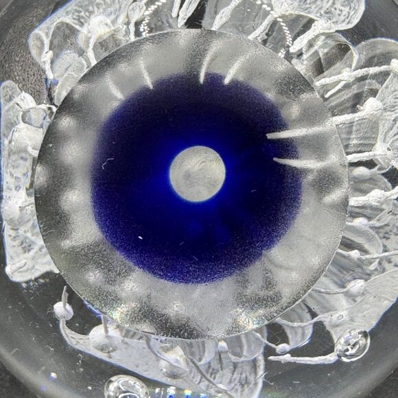 Art Glass Cobalt Blue Clear Paperweight White Flower Controlled Bubbles - Picture 3 of 8